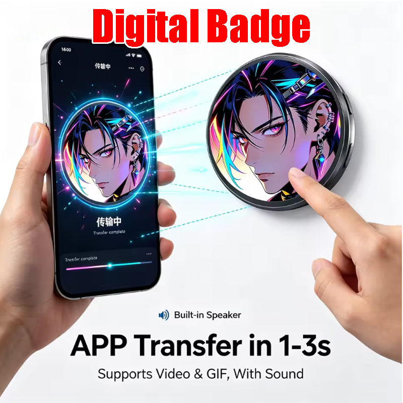 Tech Accessories Photo - HDタッチスクリーンデジタルフォトブローチ、カスタマイズ可能な画像付きダイナミックアニメEバッジ、ファン向けクールテックピン、ユニセックス、日常使いに最適なギーク向けアイテム
