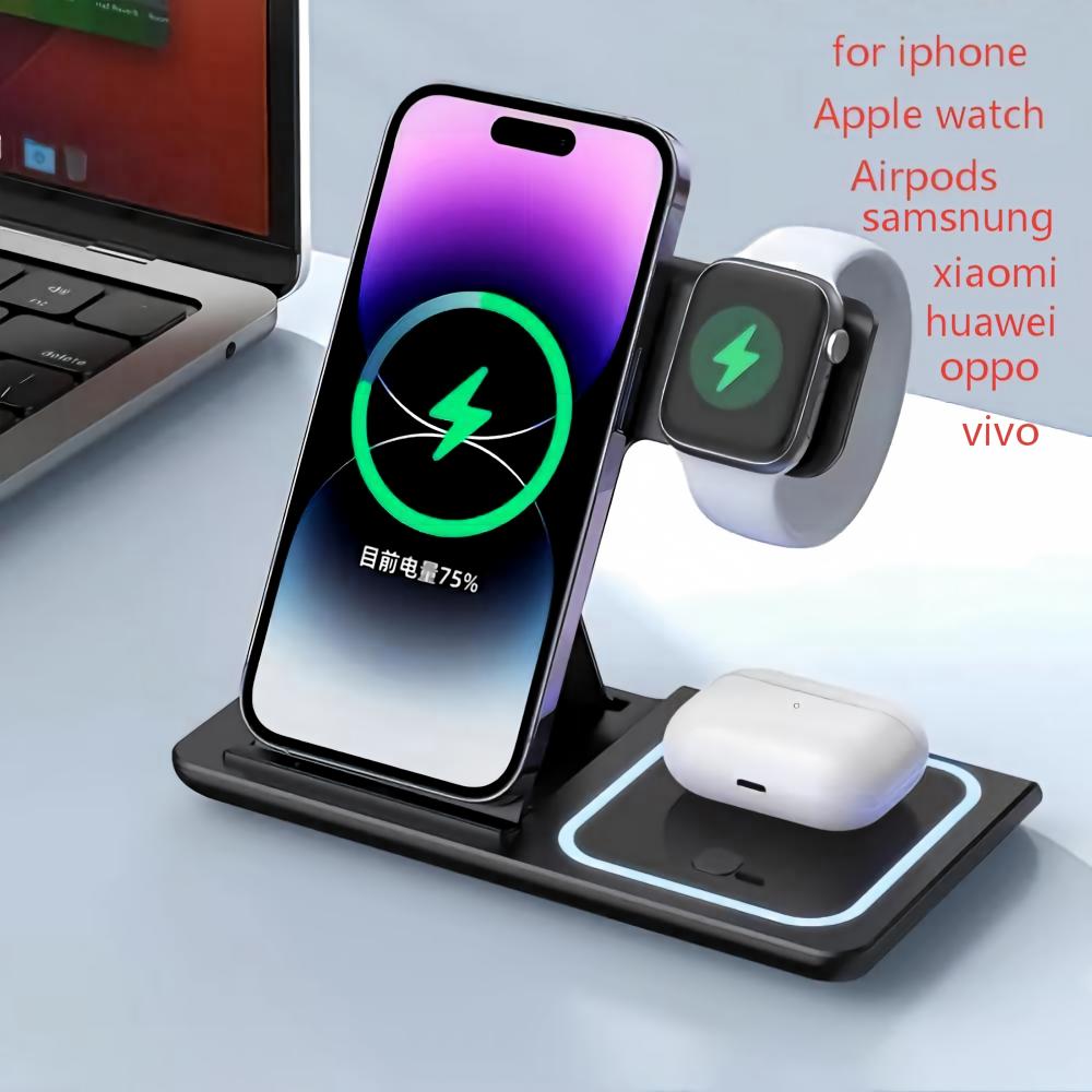 Wireless Charger 3 In 1 - ワイヤレス充電器ホルダー スタンド 3 in 1 折りたたみ式急速充電ステーション