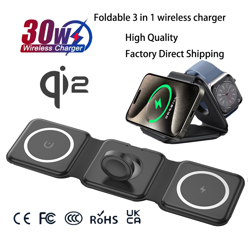 Wireless Charger 3 In 1 - ユニバーサルQi2磁気折りたたみ式充電ステーション、iPhone、Samsung、Xiaomi、OPPO対応3in1ワイヤレス充電器