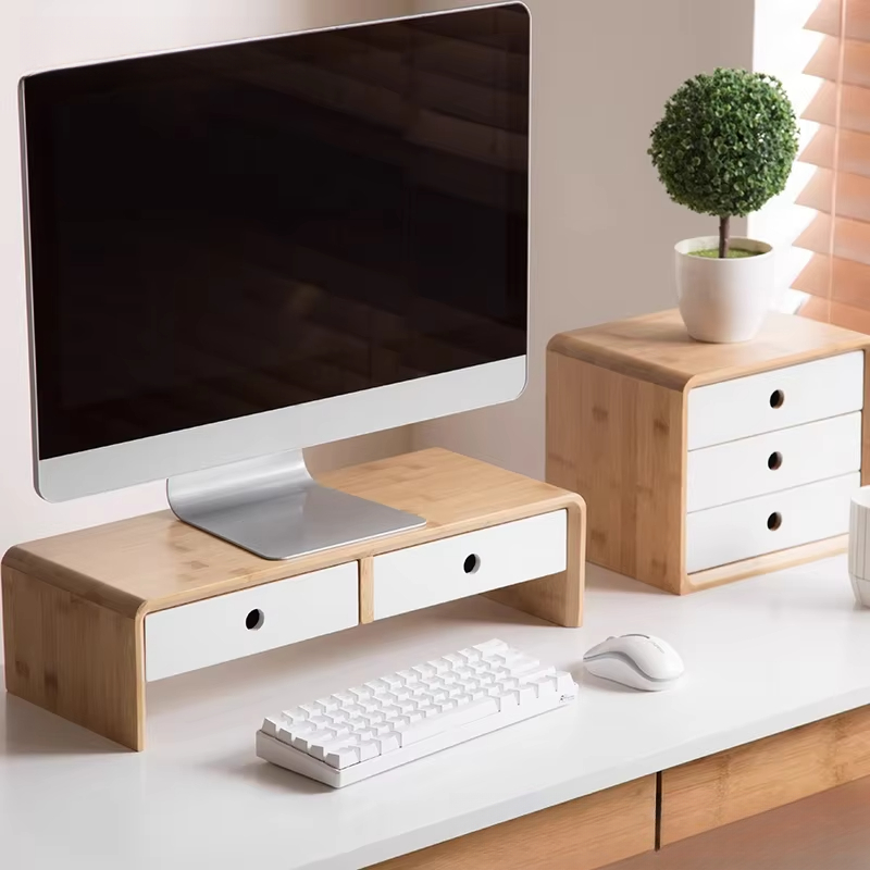Laptop Stand Bamboo - 竹製ノートパソコンモニターライザー、エコフレンドリーなデスクトップオーガナイザー、引き出し付き、ホームオフィスデスクセットアップ用木製スタンド