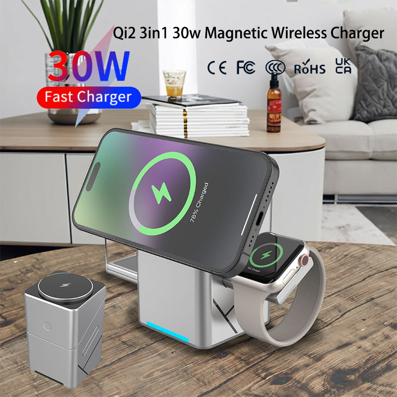 Wireless Charger 3 In 1 - 15Wタッチ回転式磁気多機能3in1ワイヤレス充電器 iPhone 16/15/14/13 Max対応 急速充電 Samsung/Xiaomi対応