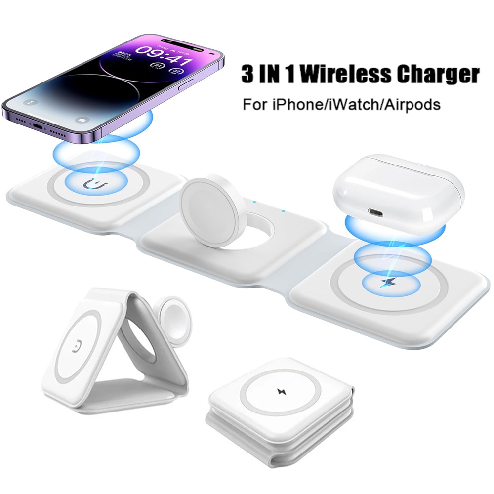 Wireless Charger 3 In 1 - 3in1ワイヤレス充電ステーション 磁気急速充電 18W 折りたたみ式 iPhone 16/15/14/13/12