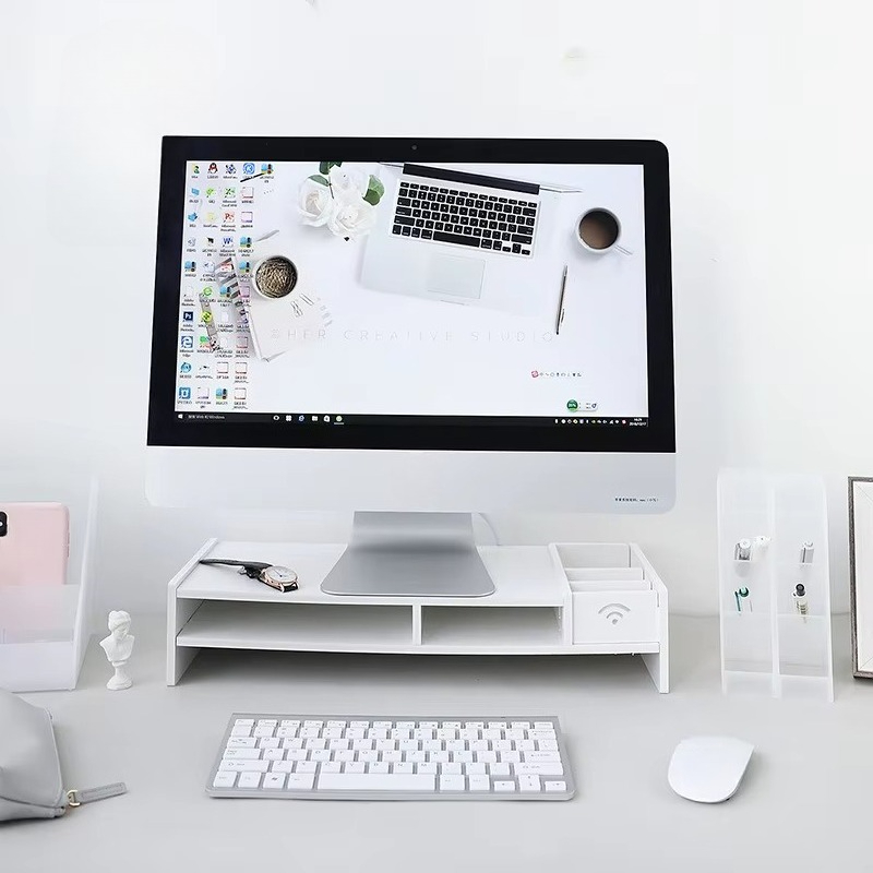 Laptop Stand Bamboo - 省スペース2段竹製ラップトップスタンドモニタースタンドライザー、収納オーガナイザー付き、携帯電話、テレビ、プリンター用スタンド