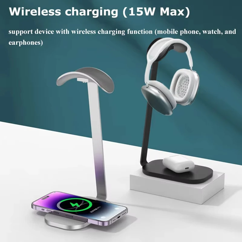 アルミニウム製ヘッドフォンホルダー,ワイヤレス充電器,15W - Wireless Charger 3 In 1 のレビューと価格